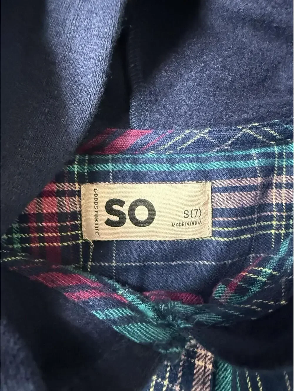 SO Goods For Life Plaid Flannel Shirt Girls Size Small 7 Blue Hooded Button Up